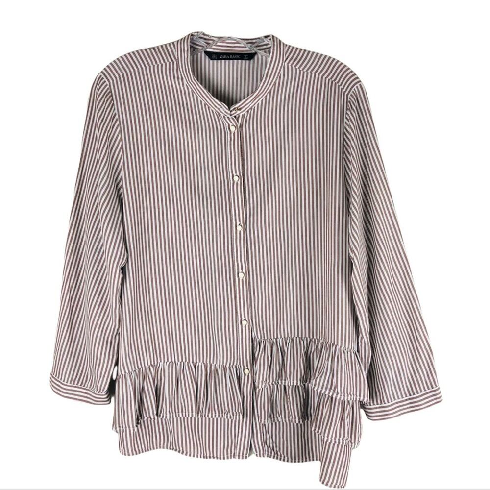 Zara white brown striped ruffle coastal 3/4 sleeves button front shirt large